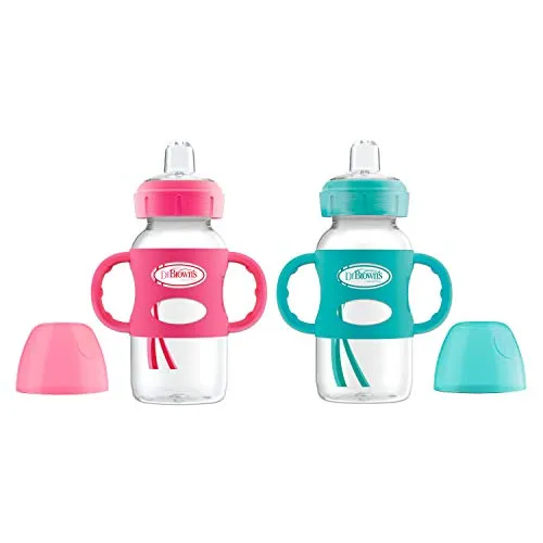 Dr. Brown’s Milestones Wide-Neck Sippy Bottle with Silicone Handles, Pink & Turquoise, 9 Ounce, 2 Pack