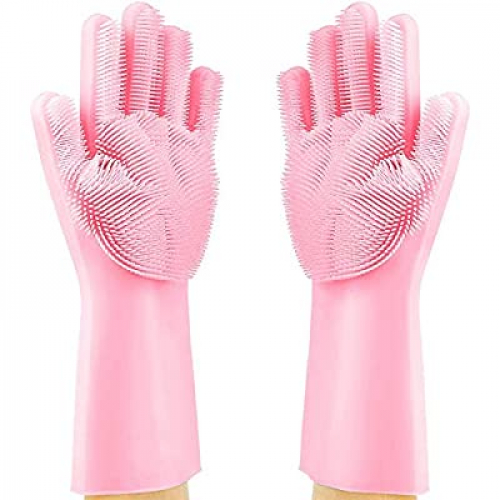 Expired: Magic Silicone Reusable Dishwashing Cleaning Scrubbing Glove for Kitchen, Bathroom, Pet Grooming, Car Washing (Pink)