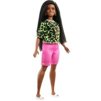 Barbie Fashionistas Doll #144 with Long Brunette Braids Wearing Neon Green Animal-Print Top, Pink Shorts, White Sandals & Earrings