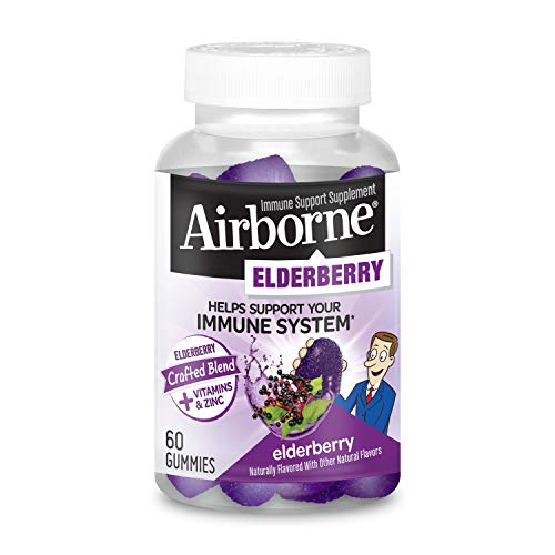 Airborne Elderberry Gummies – Gluten-Free Immune Support Supplement With Vitamins C, D, E & Zinc No Artificial Sweeteners & No Color Added, 300mg (per serving) , 60 count in a bottle.
