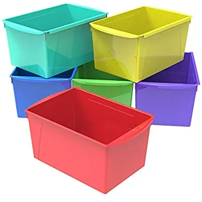 Storex Extra Large Book Bin, 14.5 x 9.2 x 7 Inches, Assorted Colors, Case of 6