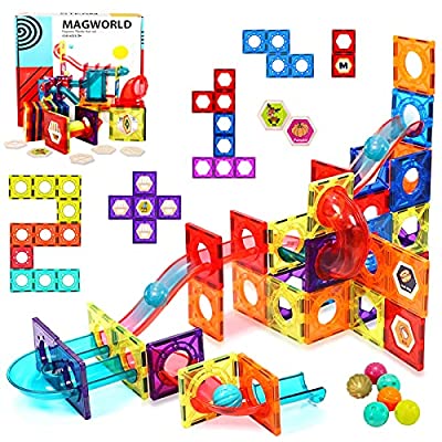 Expired: 115Pcs Pipe Magnetic Blocks for Kids 3D Magnetic Building Blocks Tiles Set-Magnet Marble Run with 8 Colored Plastic Marbles STEM