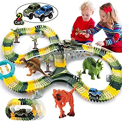50% off - Expired: 192Pcs HOMOFY Dinosaur Race Car Flexible Track, Create a Road,3 Dinosaurs,2 Cars Vehicle Playset