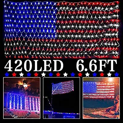 50% off - Expired: AMENON 6.6ft×3.3ft Larger American Flag Lights 420 LED 4th July Decorations Flag Net Lights , Waterproofs