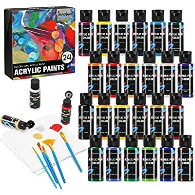 Expired: Acrylic paint set 24 Colors (60ml,2oz) Professional Painting Supplies Set, includes 24 Acrylic Paints, 10 Painting Brushes and 2pcs 8