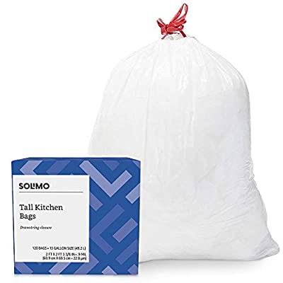 Amazon Brand – Solimo Tall Kitchen Drawstring Trash Bags, 13 Gallon, 120 Count