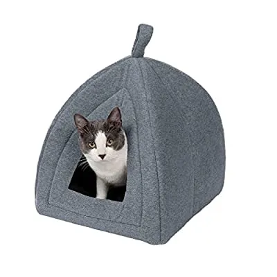 Furhaven Pet Cat Bed – Triangle Hooded Tent House Cave Fleece Dome Lounger Hood