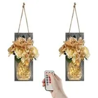 Expired:&nbsp;Hanging Mason Jar Decor with Remote, with Timer-Battery Operated LED Fairy Lights & Rose Flowers for Home Decoration, Set of 2