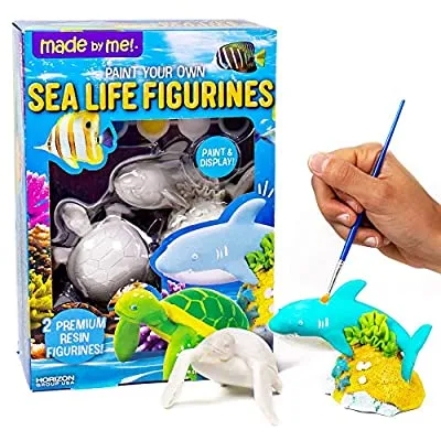 Made By Me Sea Life Figurines 2 Resin Paintables by Horizon Group USA, Shark & Turtle, Acrylic Paints & Brush Included
