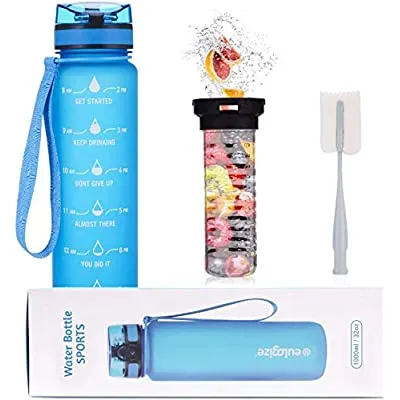 Expired:&nbsp;Motivational Water Bottles with Times to Drink, 32 Oz BPA Free Fruit Infusion Water Bottle with Leakproof Top Lid, Cleaning Brush, Carry Strap