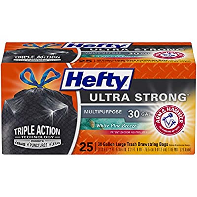 2 Pack Hefty Ultra Strong Multipurpose Large Trash Bags, Black, White Pine Breeze Scent, 30 Gallon, 25 Count