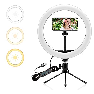 60% off - Expired: Selfie Ring Light 10″ with Tripod Stand and Phone Holder Portable Desk Makeup LED Ring Light with 3 Lighting Colors and 10 Brightness