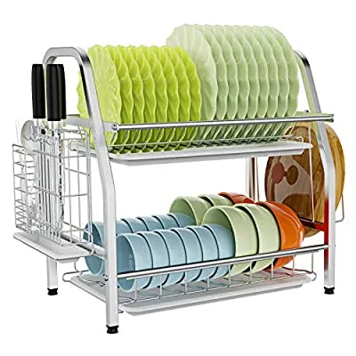 Expired: 2 Tier 304 Stainless Steel Dish Rack with Trays, Silver