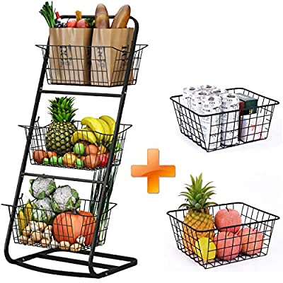 Expired: 3 Tier Market Basket Stand with Removable Baskets – Kitchen Organizer (+ 2 Wire Basket)