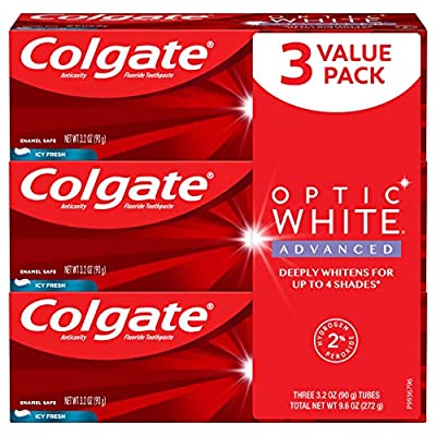 3 Pack Colgate Optic White Advanced Teeth Whitening Toothpaste, Icy Fresh – 3.2 oz