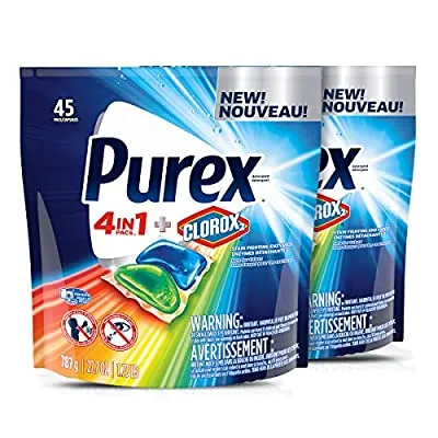 2 Pack Purex 4-in-1 + Clorox2 Laundry Detergent Pacs, Original Fresh, 90 Total Loads