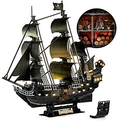 50% off - Expired: CubicFun Moveable LED Pirate Ship 3D Puzzle with Detailed Interior, Large Queen Anne’s Revenge Sailboat Desk