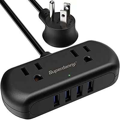 40% off - Expired:&nbsp;Power Strip with 2 Wide-Spaced Outlets & 4 USB Ports, 5ft Portable Flat Plug Extension Cord