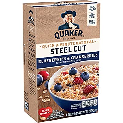 6 Pack Quaker Steel Cut Quick 3-Min Oatmeal, Blueberries & Cranberries, Individual Packets, 48 Ct