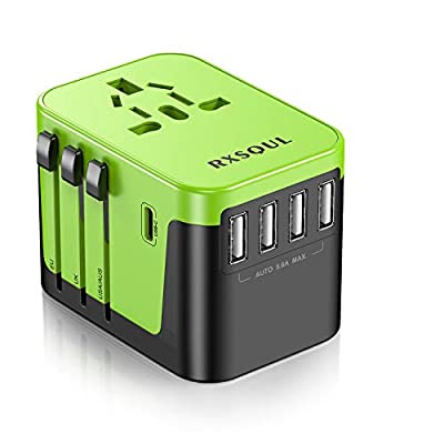 Expired: RXSQUL International Power Travel Adapter, W/5.6A 4USB+3.0A Type C  -Green