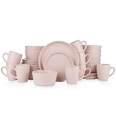 Stone Lain 32 Piece Stoneware Round Dinnerware Set, Service for 8, Pink