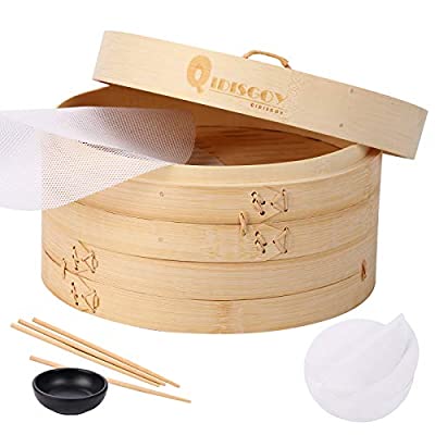 Expired: 10 inch Bamboo Steamer Basket, 2 layer Dumpling Dim Sum Steamer With Lid