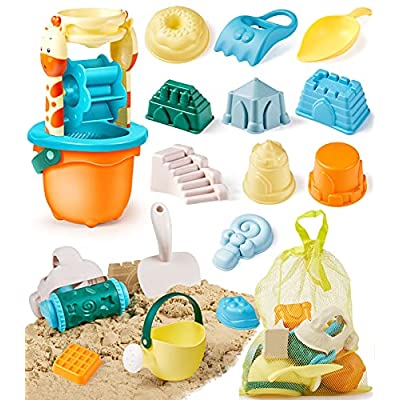 80% off - Expired: 16Pcs Sand Castle Toys with Giraffe Waterwheel, Beach Buggy, Sand Molds