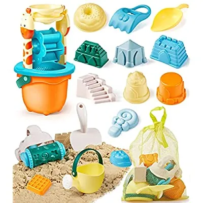 80% off - Expired:&nbsp;16Pcs Sand Castle Toys with Giraffe Waterwheel, Beach Buggy, Sand Molds