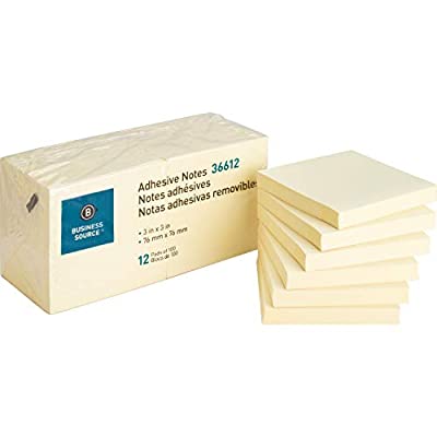 12 Pack – Business Source Yellow Repositionable 100 Adhesive Notes, 3″x3″