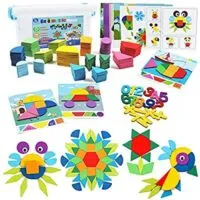 Expired:&nbsp;200 Pcs Wooden Pattern Geometric Shape Puzzle Set, Brain Teaser Toy with 18 Design Cards