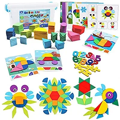 50% off - Expired:&nbsp;200 Pcs Wooden Pattern Geometric Shape Puzzle Set, Brain Teaser Toy with 18 Design Cards