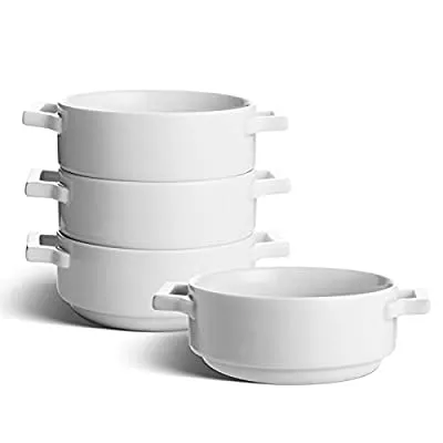 Expired:&nbsp;4 Pack 24 Oz Vicrays Ceramic Soup Bowls with Handles, Microwave and Oven Safe