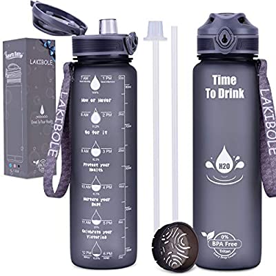 Expired: LAKIBOLE 32 oz Motivational Water Bottle with Straws with Time Marker