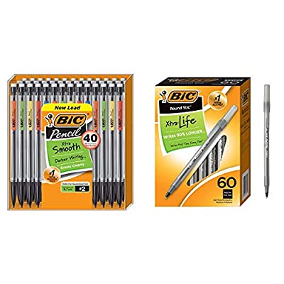 40 Ct BIC Xtra-Smooth Mechanical Pencil (0.7 mm) & 60 Ct Round Stic Xtra Life Ballpoint Pen (1.0mm), Black