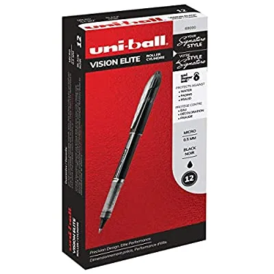 12 Ct – Uni-Ball 69000 Vision Elite Rollerball Pens, Micro Point (0.5mm), Black