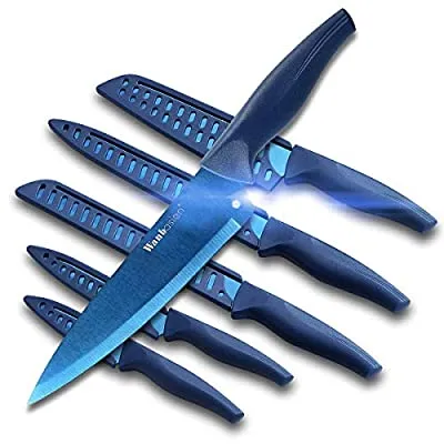 Expired:&nbsp;Wanbasion Blue Professional Kitchen Knife Chef Set, Stainless Steel, Dishwasher Safe with Sheathes
