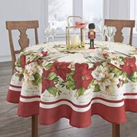 Elrene Home Fashions Red and White Poinsettia Holiday Fabric Tablecloth, 60″ x 84″ Oval