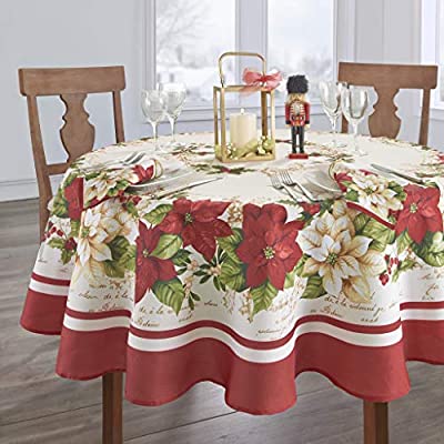 Elrene Home Fashions Red and White Poinsettia Holiday Fabric Tablecloth, 60″ x 84″ Oval - $9.09 ($36.00)