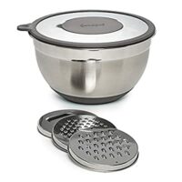 Goodful Stainless Steel Mixing Bowl with Non-Slip Bottom, Lid and 3 Grater Inserts (Fine, Coarse, Slicing), 5 Quart