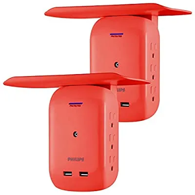 2 Pack Philips Accessories 6 Outlet 2 USB Surge Protector, Side Access Adapter, Wall Tap, Removable Device Shelf