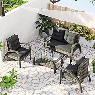Outdoor Patio 4-Piece Sectional Rattan Sofa, Weather PE Wicker Conversation Set with Tempered Glass Storage Tea Table