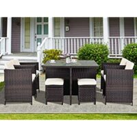 9 Piece Patio Dining Set, Sofa chairs with Glass table and Cushions – Brown