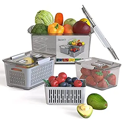 30% off - Expired: 3 Set SILIVO Stackable Produce Saver Containers for Fridge with Removable Drain