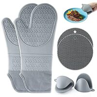 Expired: 6 Pack Extra Long Heat Resistant Silicone Oven Mittens with Mini Oven Gloves and Hot Pads Potholders