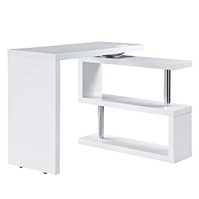 Buck II Writing Desk With 2 tier book shelf, USB, Power Outlet, White Finish