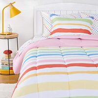 Amazon Basics Kids Easy-Wash Microfiber Bed-in-a-Bag Bedding Set – Twin, Rainbow Stripe