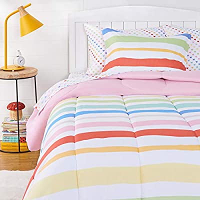 Amazon Basics Kids Easy-Wash Microfiber Bed-in-a-Bag Bedding Set – Twin, Rainbow Stripe - $21.10 ($43.99)