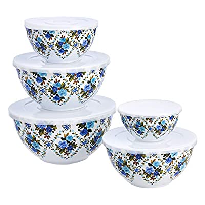 10-Piece Mixing Bowl Set with Lids – Non-Slip Base, Blue Rose Floral
