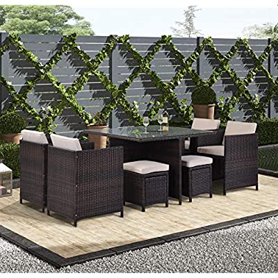 9-Piece Wicker Patio Dining Sets, Chairs with Glass Table, 4 Ottomans and Seat Cushions, Brown