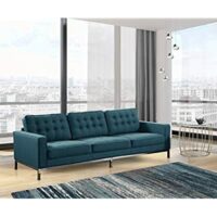 Iconic Home Draper Sofa Three Seat Linen Upholstered, Modern Contemporary, Blue